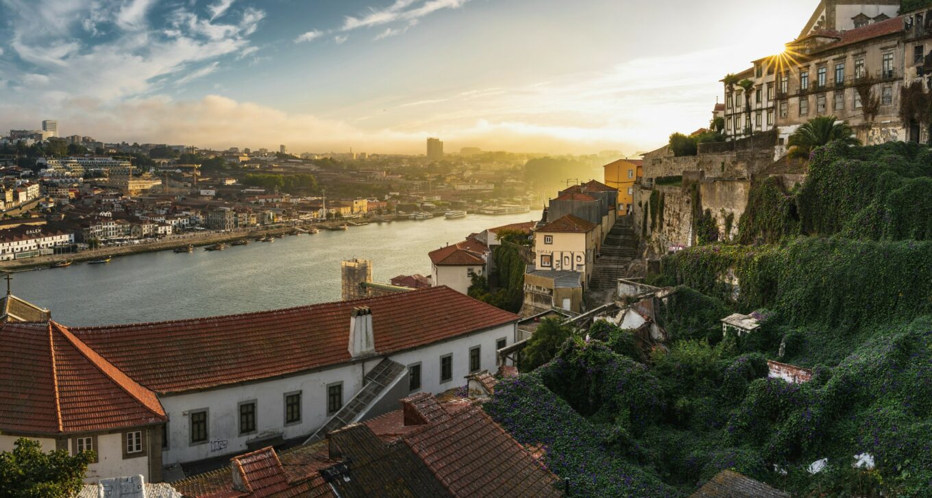 Panorama miasta i rzeki, na pierwszym planie zabytkowe domy