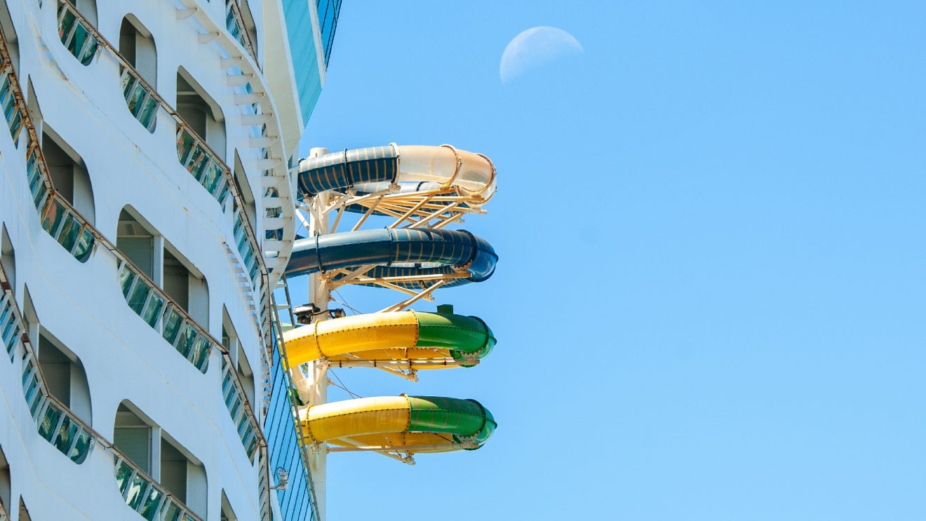 Thrill,Waterslide,Of,Massive,Cruise,Ship,And,View,From,Ashore