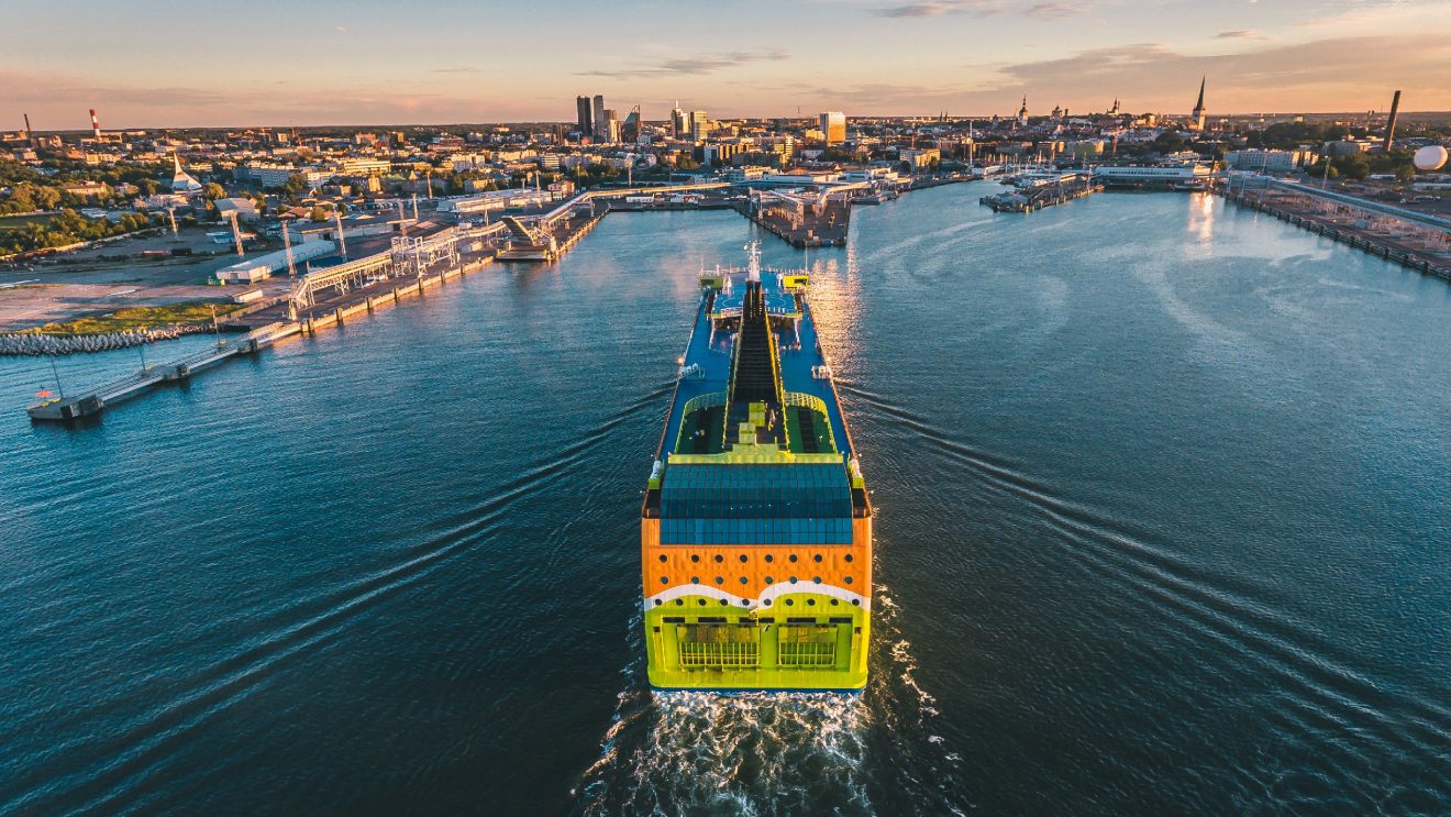 Aerial,Drone,View,Of,The,Huge,Cruise,Ferry,Arriving,To