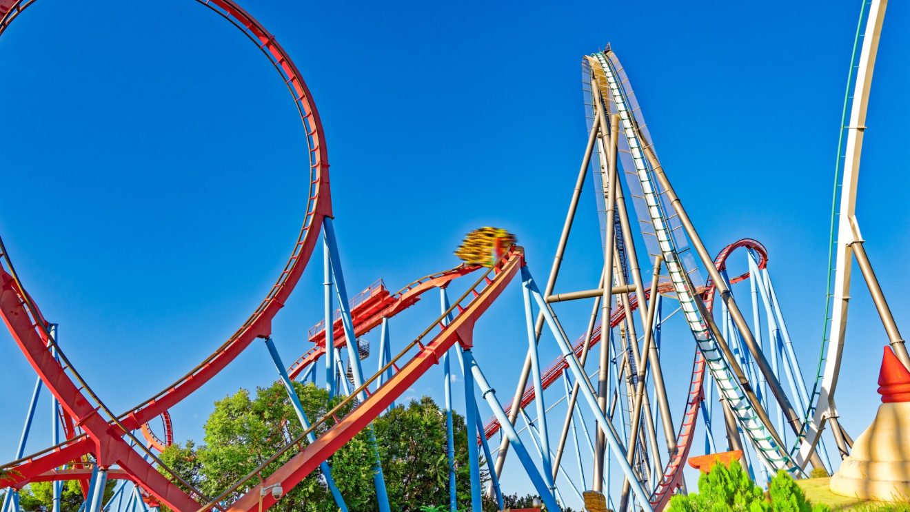 Roller,Coaster,In,Funny,Amusement,Park.,Spain.