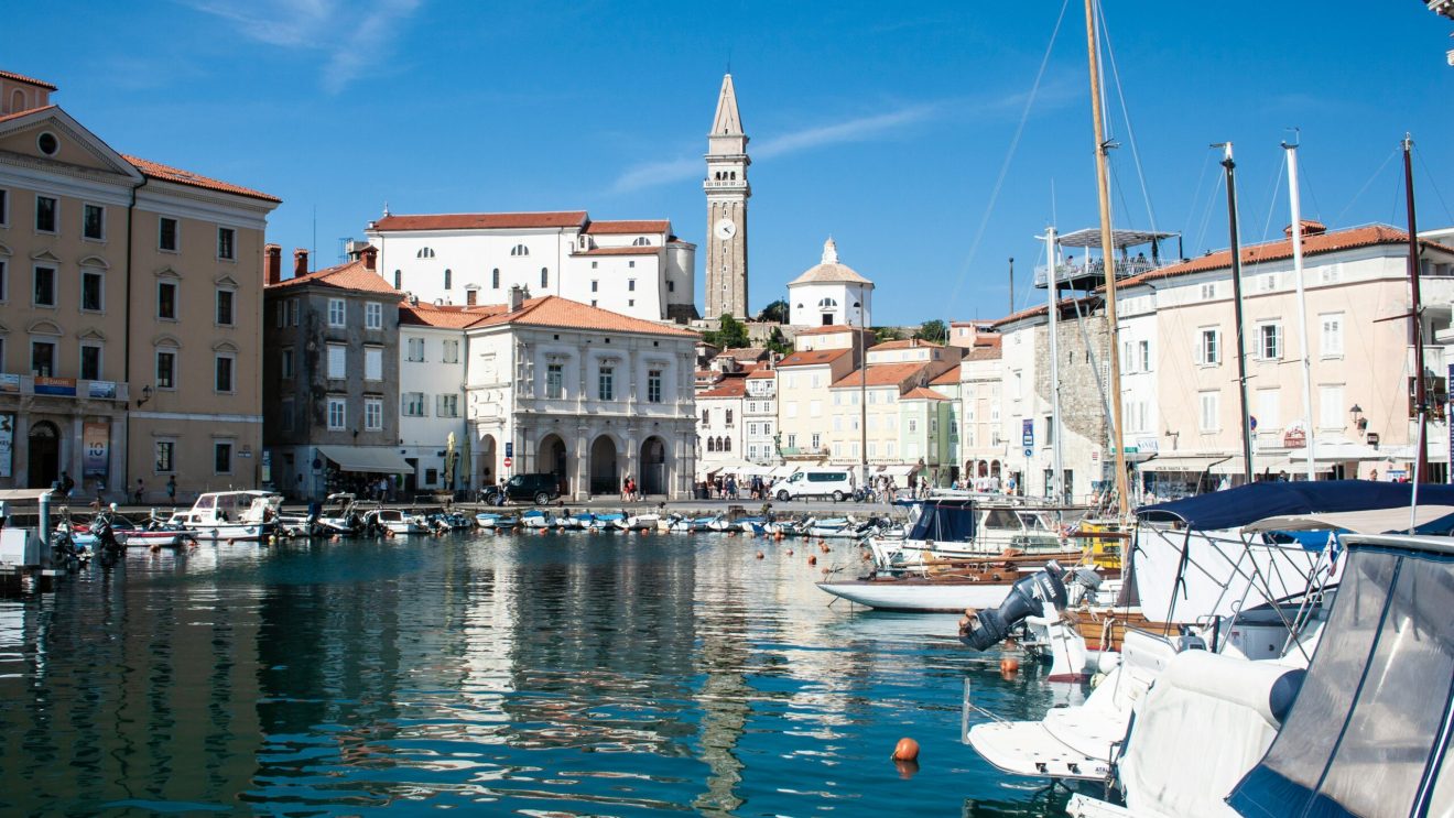 Zdjęcie przedstawia port z łodziami w mieście