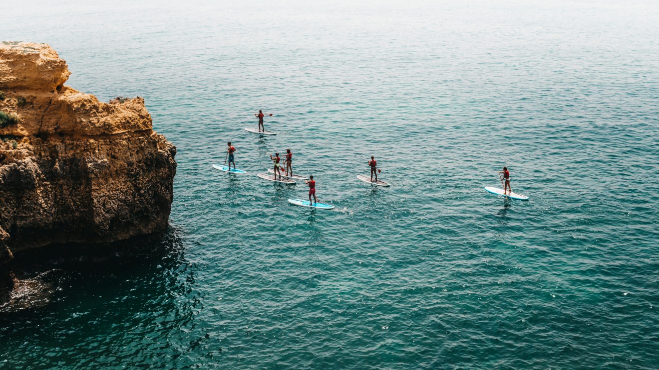 Na zdjęciu surferzy na deskach typu sup na oceanie