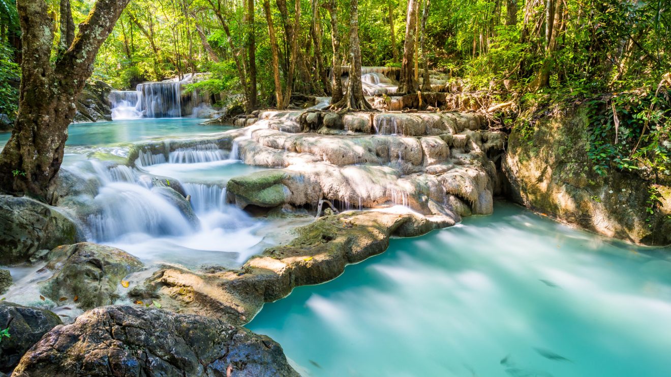 Waterfall,And,Blue,Emerald,Water,Color,In,Erawan,National,Park.