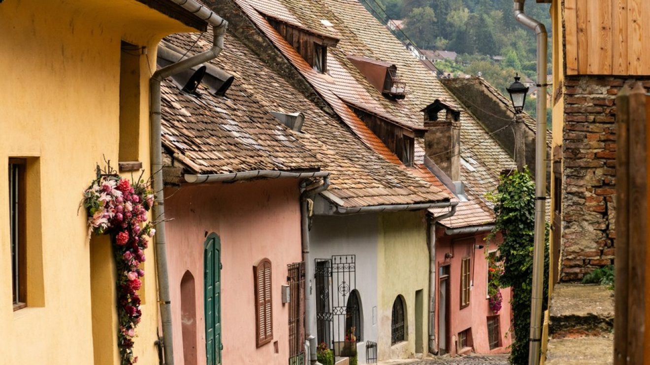 Uphill,View,On,Empty,Sighisoara,Street,With,Colorful,Medieval,Houses,